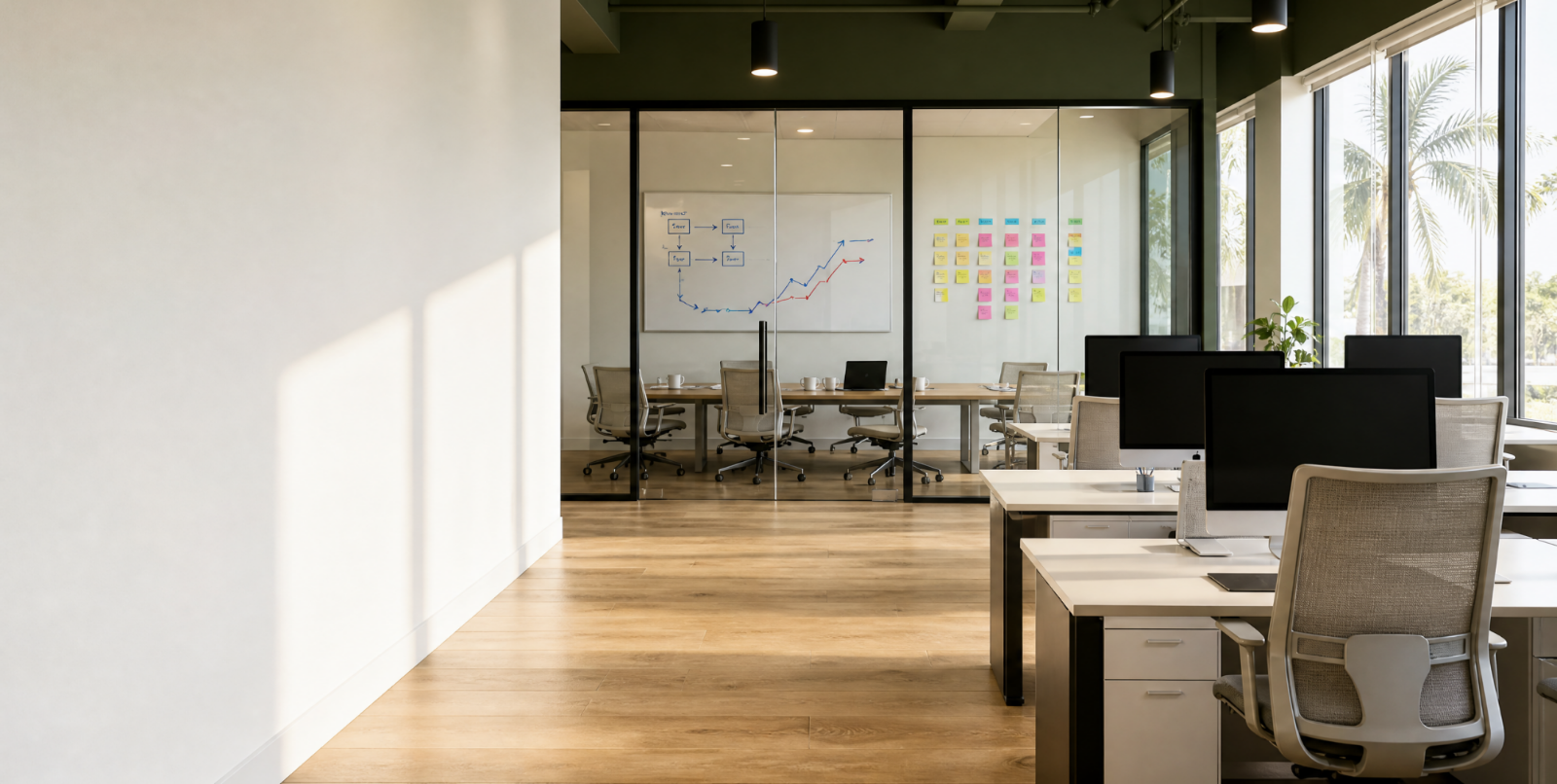 Open-plan office with a glass meeting room, project whiteboard and planning wall
