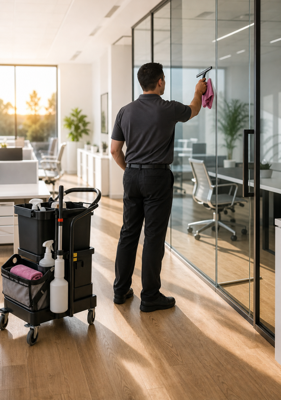 Fenikkusu technician cleaning a glass meeting-room wall at sunrise