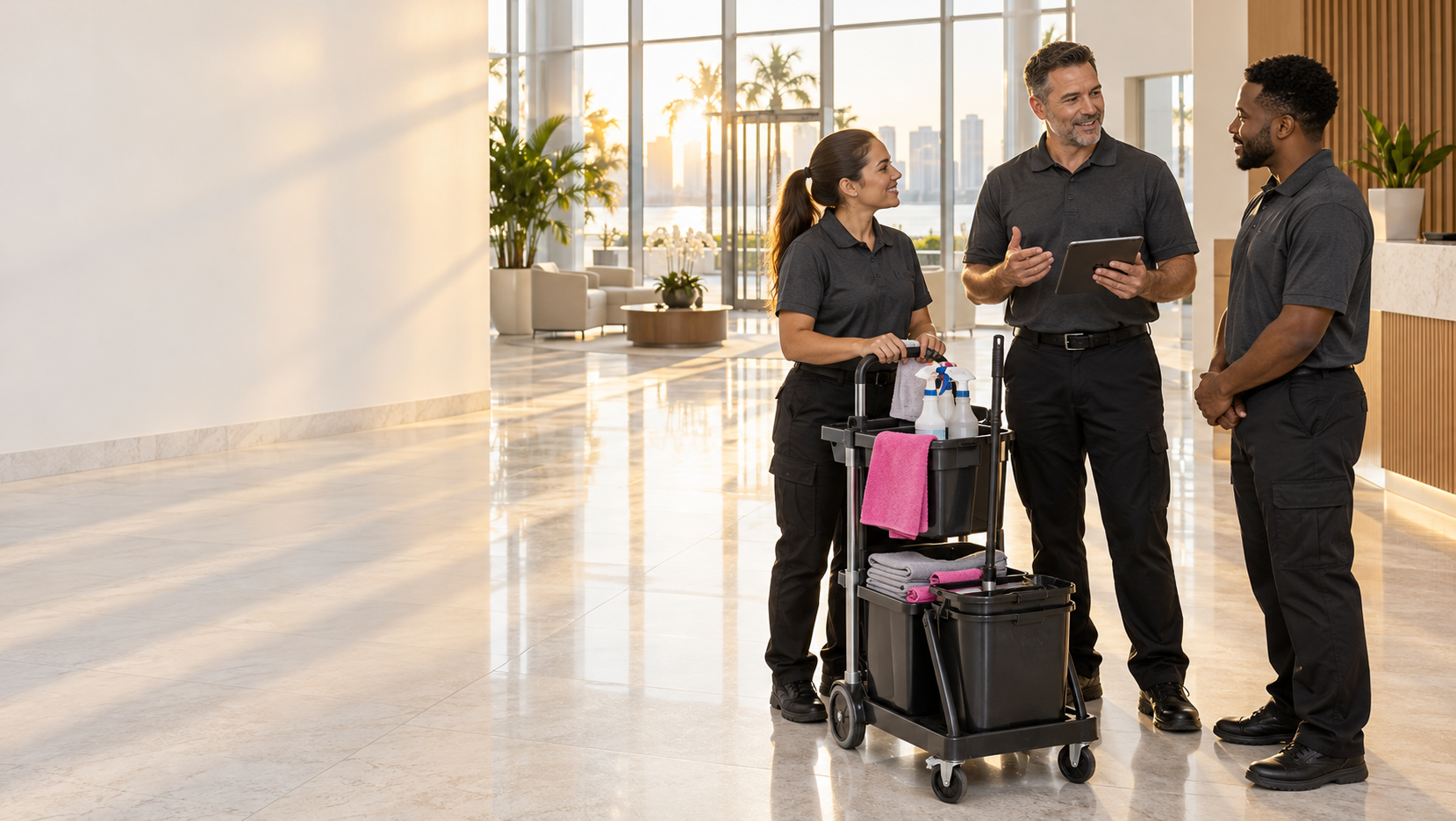 Fenikkusu cleaning crew with a supervisor and cleaning cart in a bright office lobby