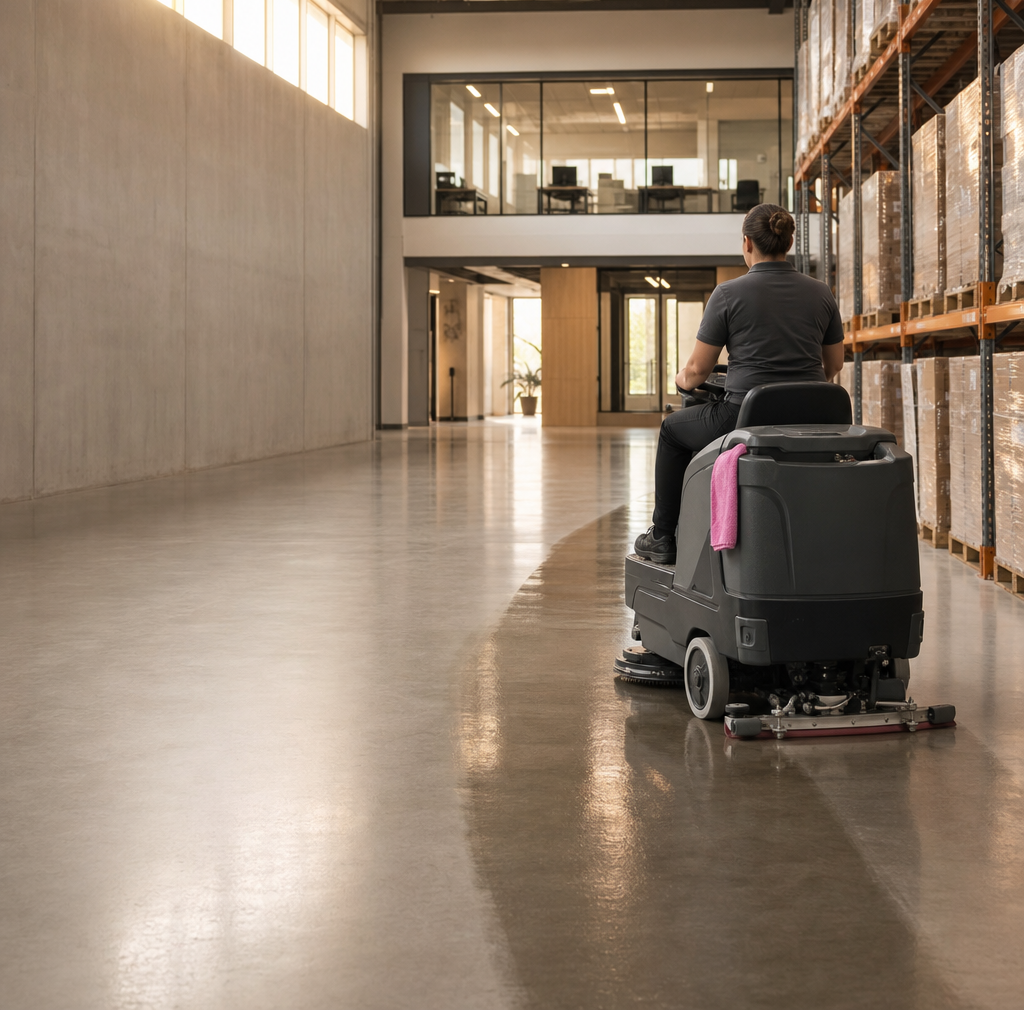 Cleaning technician on a ride-on floor scrubber in a clean distribution warehouse
